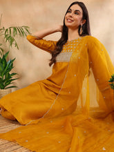 Women Mustard Poly Silk Yoke Design Kurta Trousers With Dupatta